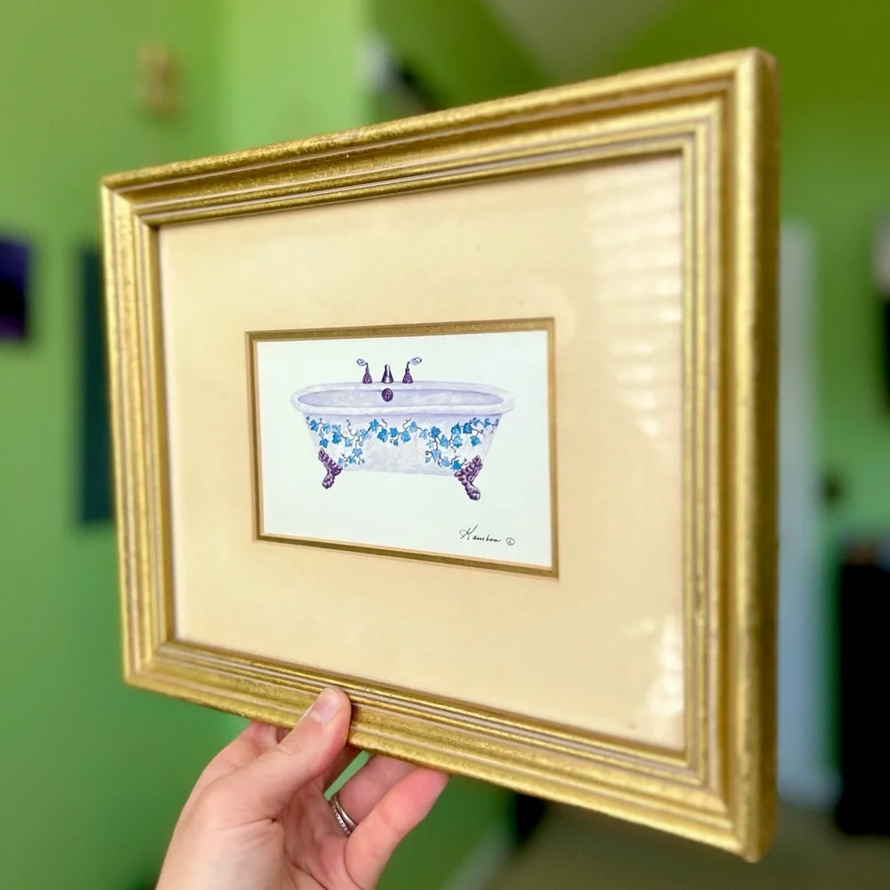 Vintage Framed Bathroom Bathtub Floral Vine Claw Foot Tub Wall Hanging Art - Picture 2 of 4